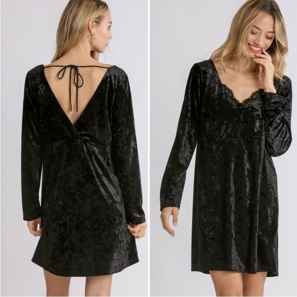 Umgee Velvet V-Neck Lace Detail Mini Witchy Whimsigoth Dress Goth Black Large